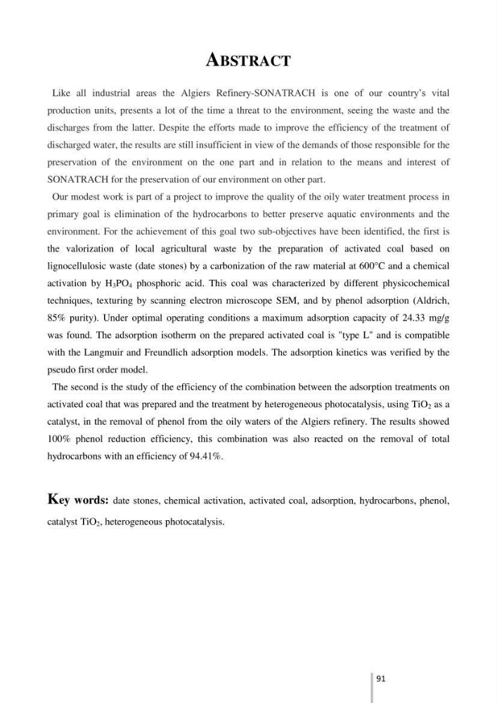 Etude de l’efficacité de la dégradation des hydrocarbures aromatiques par combinaison entre l’adsorption sur charbon actif et la photocatalyse hétérogène dans les eaux huileuses (Raffinerie d’Alger)