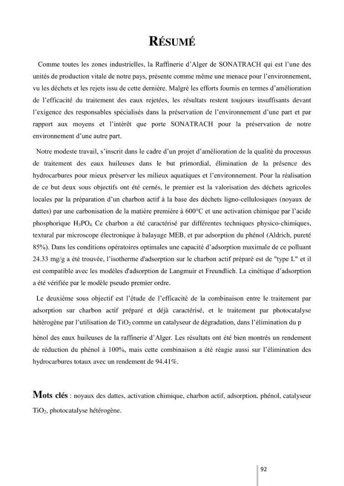Etude de l’efficacité de la dégradation des hydrocarbures aromatiques par combinaison entre l’adsorption sur charbon actif et la photocatalyse hétérogène dans les eaux huileuses (Raffinerie d’Alger)