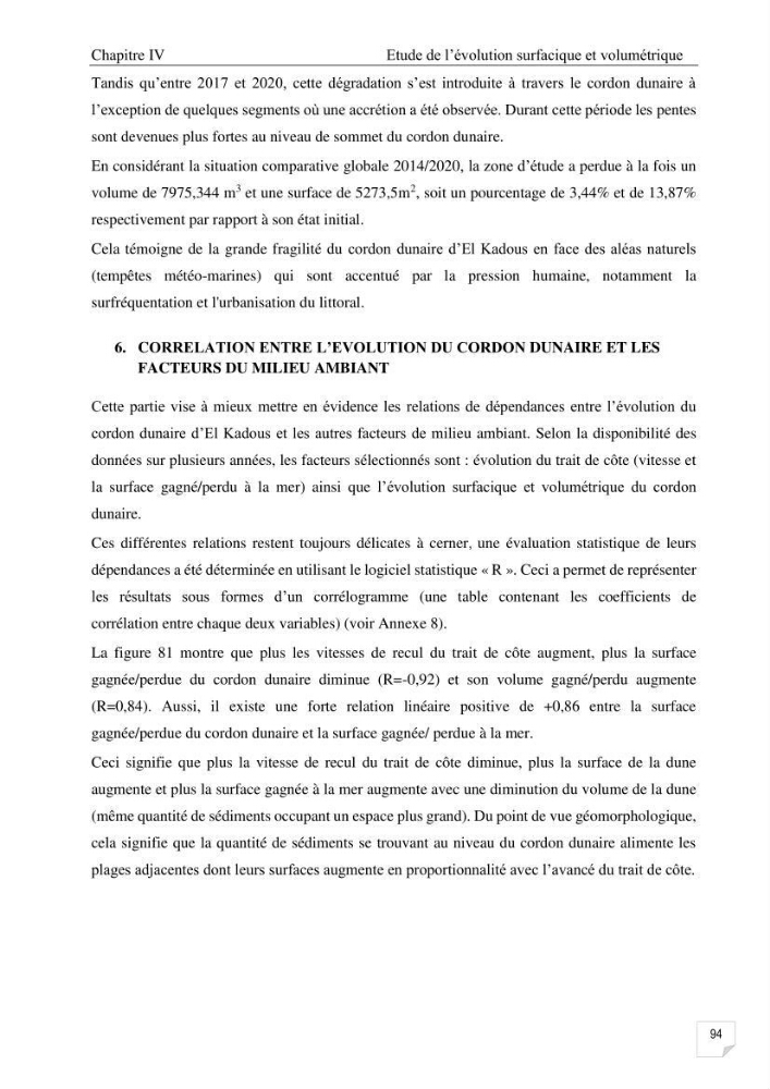 Etude de l\'évolution surfaçique et volumétrique du cordon dunaire d\'El Kadous ( commune de Heraoua)
