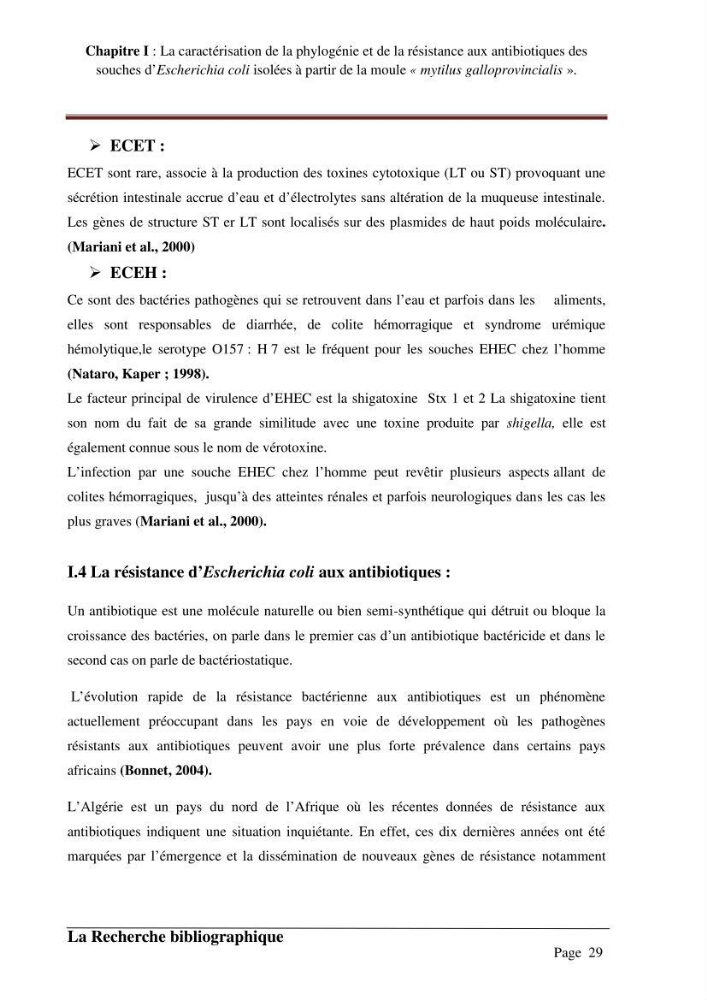 La caractérisation de la phylogénie et de la résistance aux antibiotiques des souches d\'Escherichia coli isolées à partir de la moule \"mytilus galloprovincialis\":