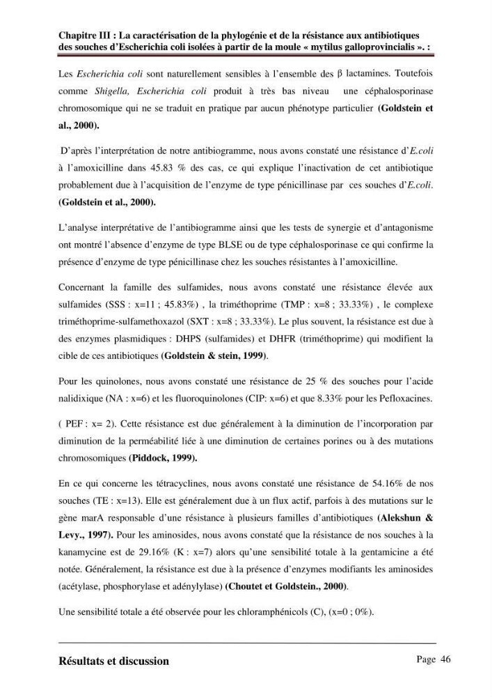 La caractérisation de la phylogénie et de la résistance aux antibiotiques des souches d\'Escherichia coli isolées à partir de la moule \"mytilus galloprovincialis\":