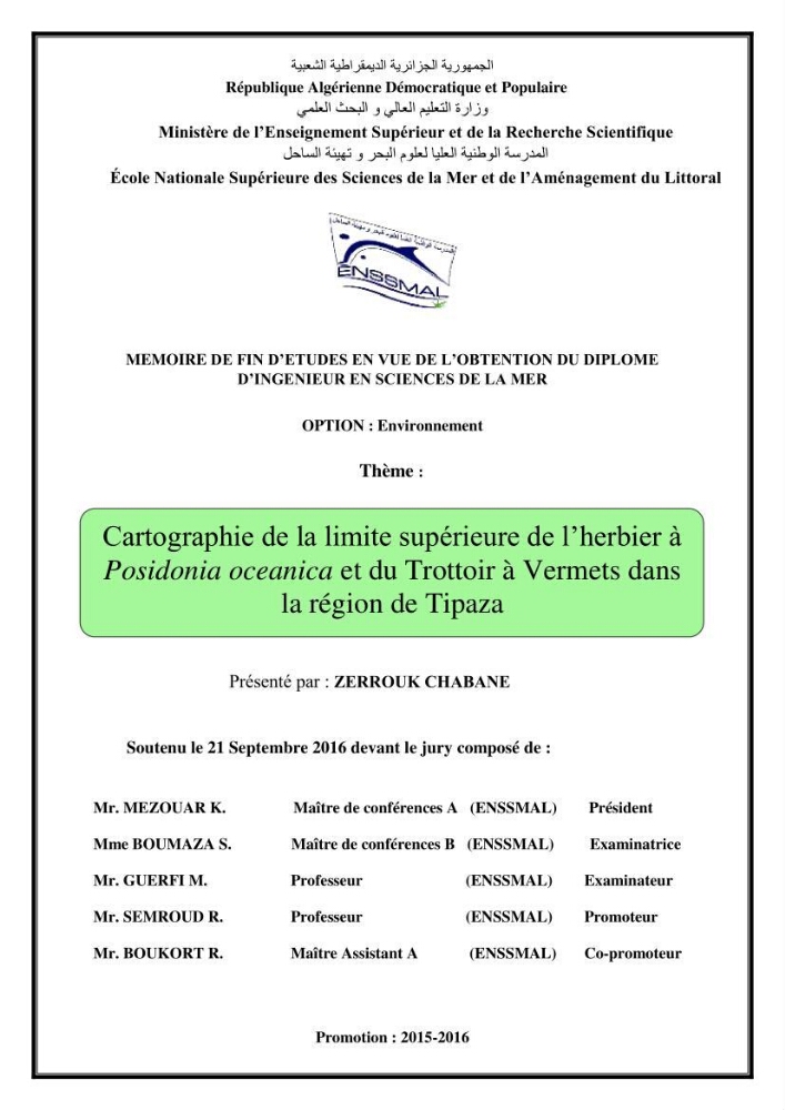 Cartographie de la limite supérieure de l\'herbier à Posidonia oceanica et du Trottoir à Vernets dans la région de Tipaza