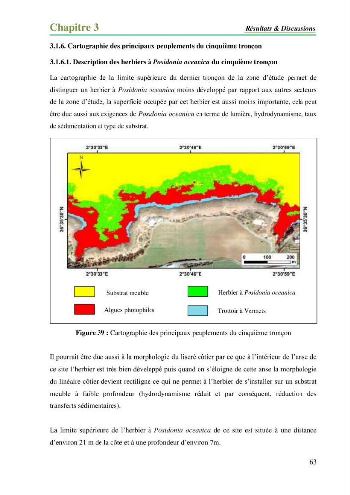 Cartographie de la limite supérieure de l\'herbier à Posidonia oceanica et du Trottoir à Vernets dans la région de Tipaza