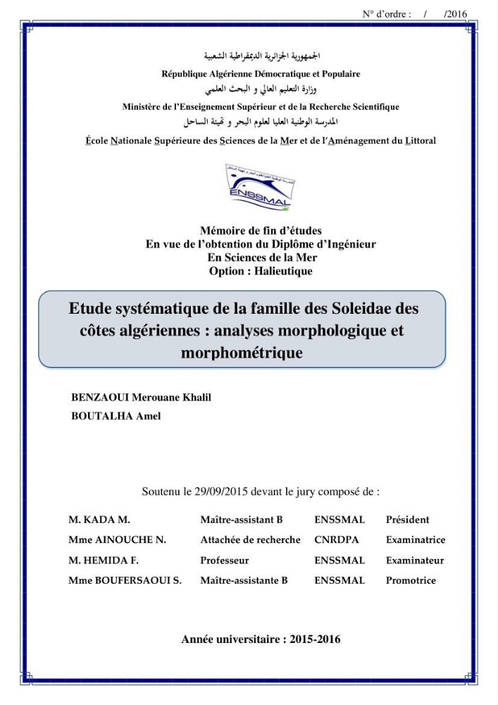 Etude systématique de la famille des soleidae des cotes algeriennes:analyses morphologique et morphométrique :