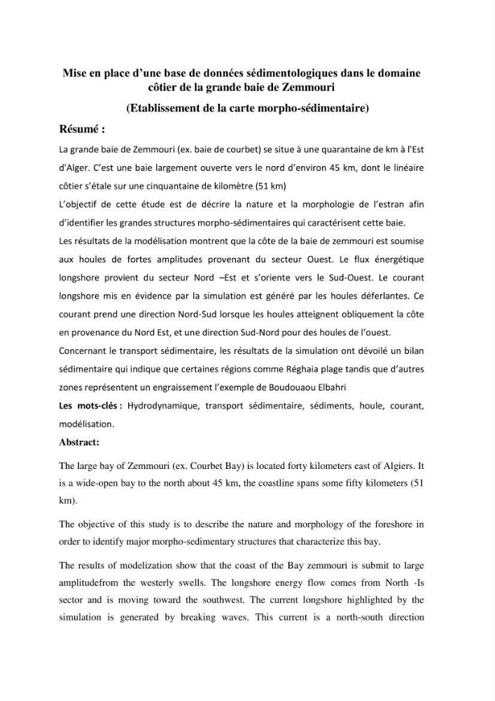 Mise en place d\'une base de donnée sédimentologique dans le domaine côtier de la grande baie de zemmouri