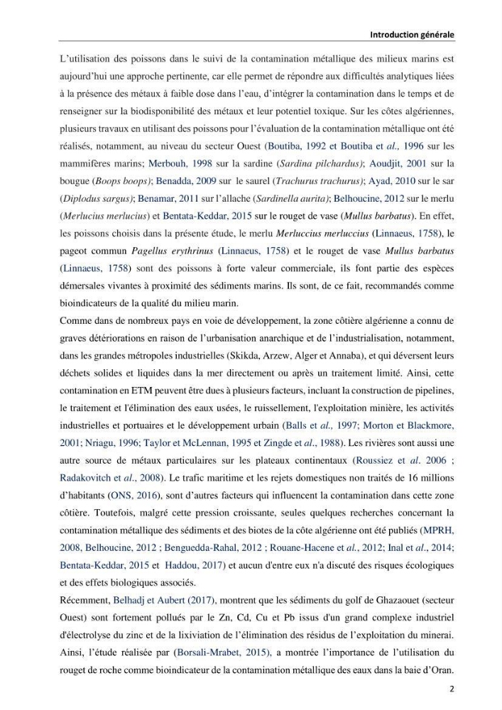 les métaux traces dans les sédiment marins et les espéces démersales de la côte algérienne: contribution à l\'évalution du risque écologique