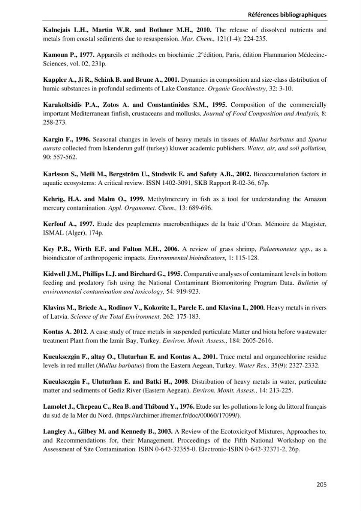 les métaux traces dans les sédiment marins et les espéces démersales de la côte algérienne: contribution à l\'évalution du risque écologique