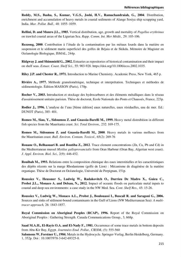 les métaux traces dans les sédiment marins et les espéces démersales de la côte algérienne: contribution à l\'évalution du risque écologique