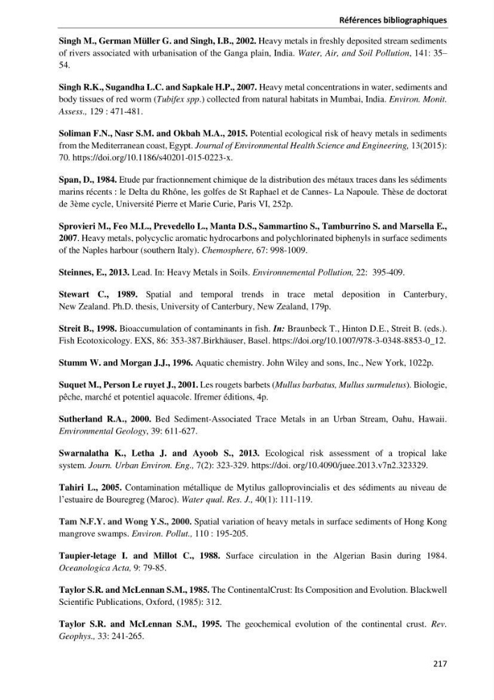 les métaux traces dans les sédiment marins et les espéces démersales de la côte algérienne: contribution à l\'évalution du risque écologique