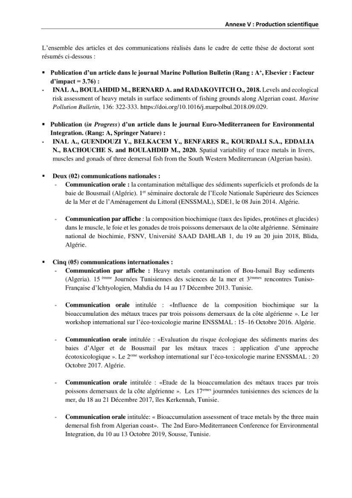 les métaux traces dans les sédiment marins et les espéces démersales de la côte algérienne: contribution à l\'évalution du risque écologique