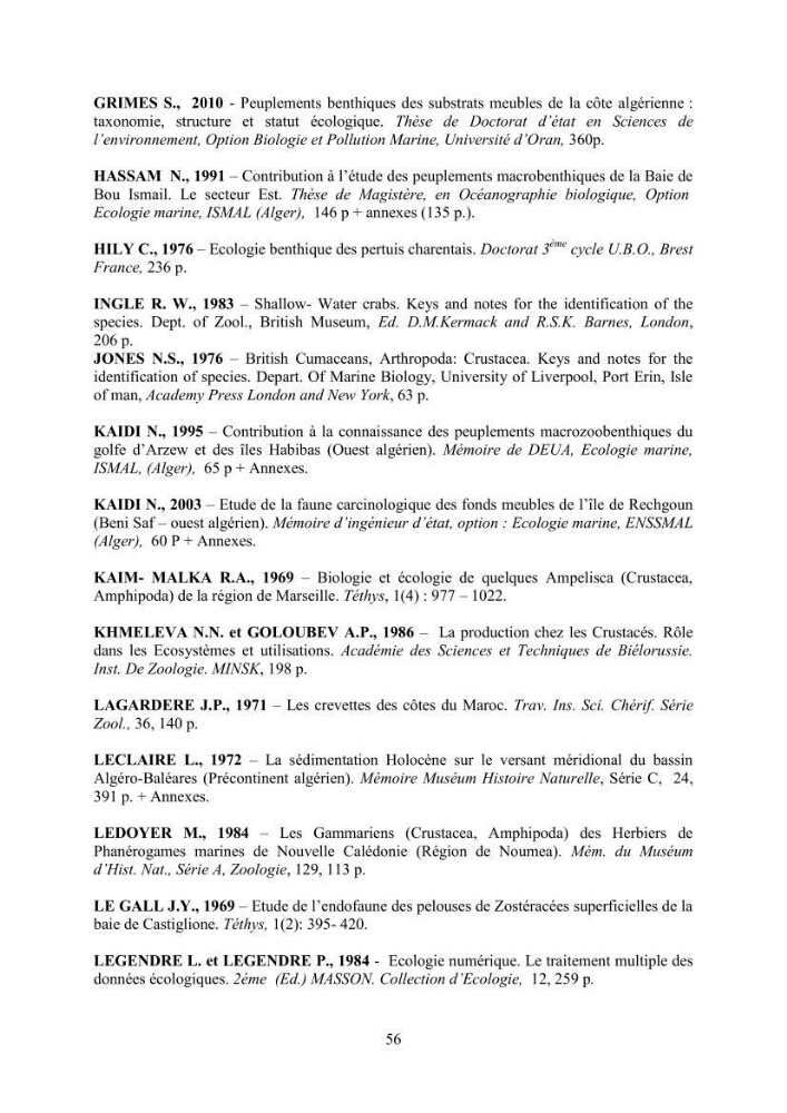 Peuplements carcinologiques des petits fonds de la baie de Bou-Ismail: