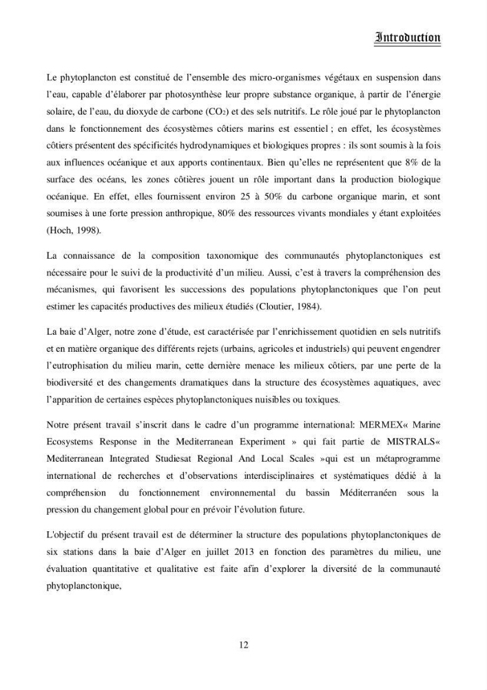 Etude de la structure des populations phytoplanctoniques dans la baie d\'Alger (juillet 2013)