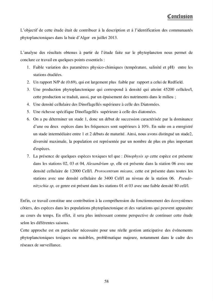 Etude de la structure des populations phytoplanctoniques dans la baie d\'Alger (juillet 2013)