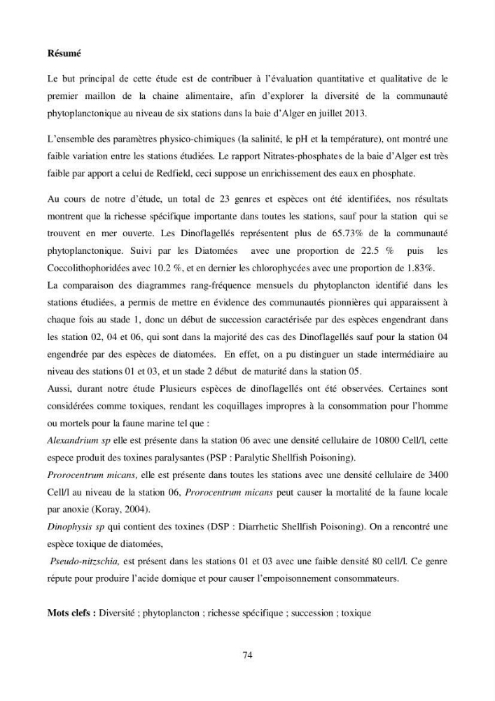Etude de la structure des populations phytoplanctoniques dans la baie d\'Alger (juillet 2013)