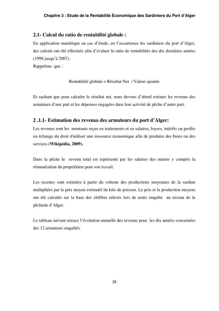 L\'étude de la rentabilité économique des unités de pêche (cas des sardiniers du port d\'alger)
