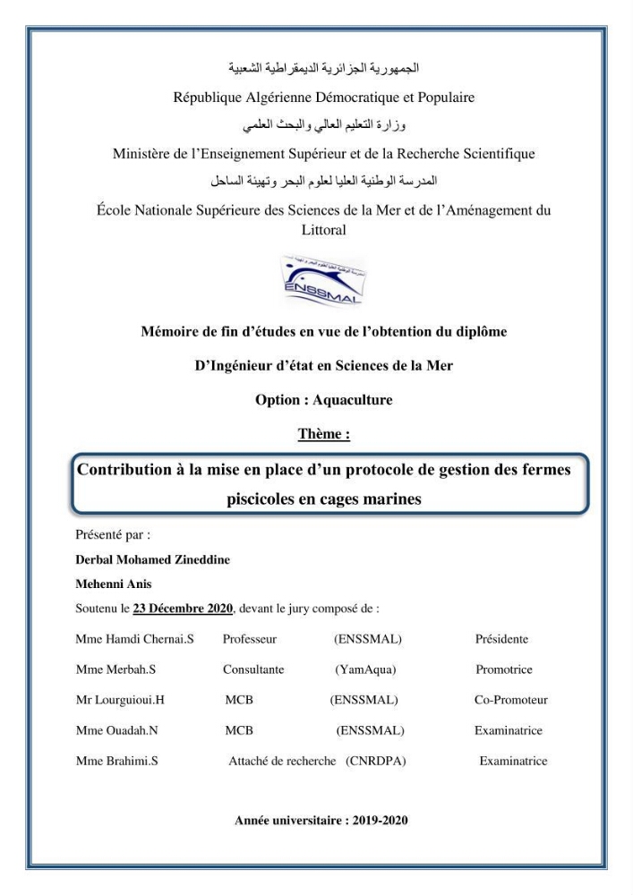 Contribution à la mise en place d’un protocole de gestion des fermes piscicoles en cages marines