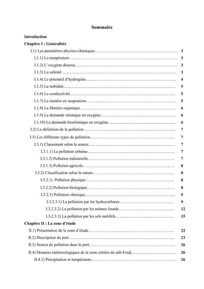 Les paramétres physico-chimiques et la pollution dans les l\'eau et le sédiment dans le port de Sidi Fredj