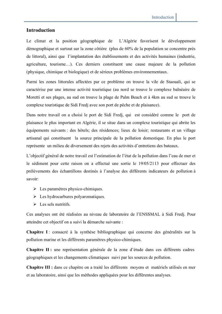 Les paramétres physico-chimiques et la pollution dans les l\'eau et le sédiment dans le port de Sidi Fredj
