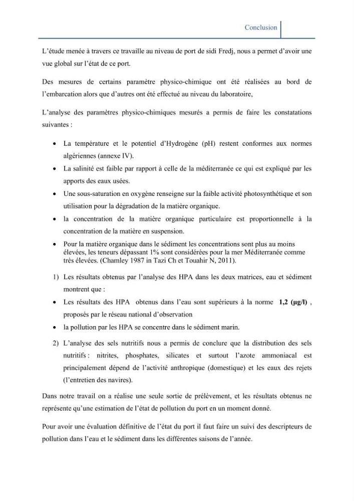Les paramétres physico-chimiques et la pollution dans les l\'eau et le sédiment dans le port de Sidi Fredj