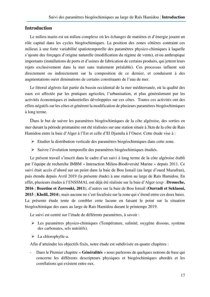 Suivi des paramètres biogéochimiques au large de Rais Hamidou entre Avril et juillet 2019: