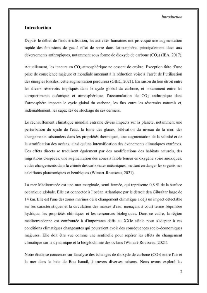 Contribution à l\'étude du cycle annuel des flux air-mer en Co2 dans la baie de BouIsmail