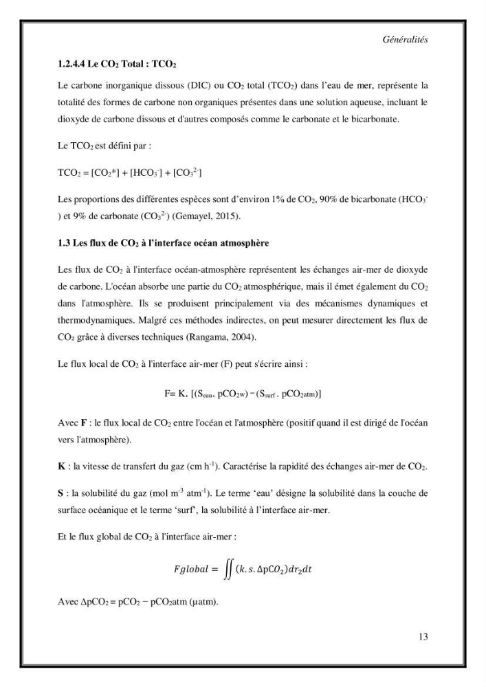 Contribution à l\'étude du cycle annuel des flux air-mer en Co2 dans la baie de BouIsmail