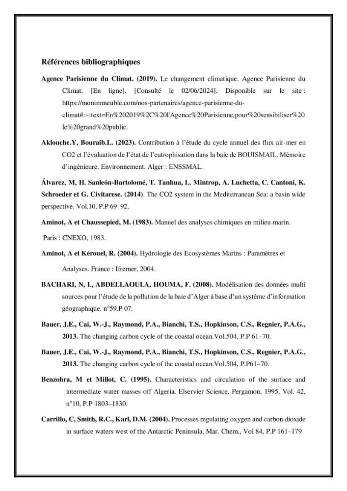 Contribution à l\'étude du cycle annuel des flux air-mer en Co2 dans la baie de BouIsmail