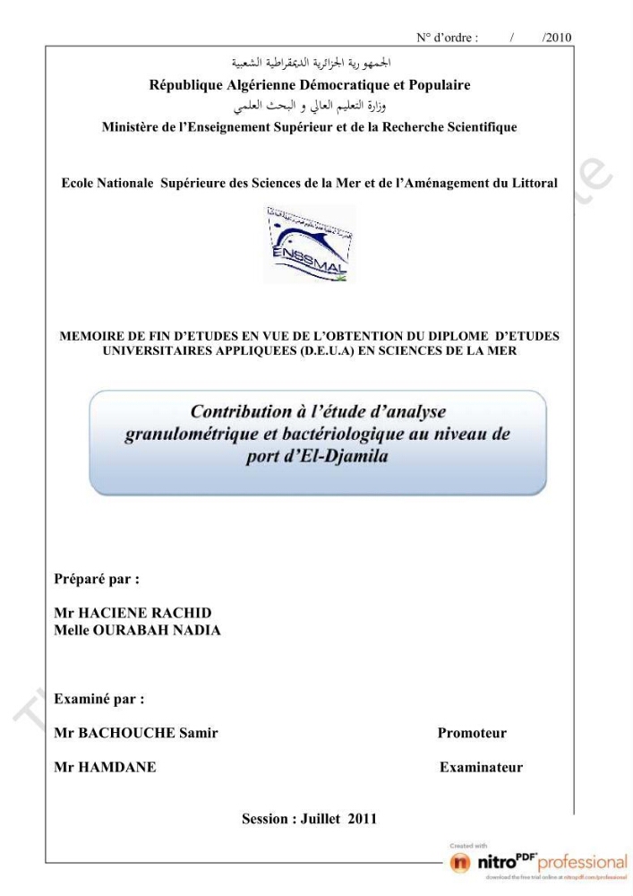 Contribution à l\'étude d\'analyse granulométrique et bactériologique au niveau de port d\'El-Djamila