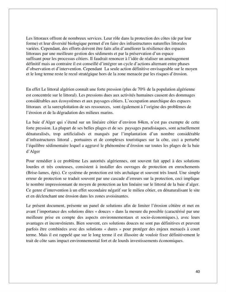 Propositions d\'aménagement et de protection par les méthodes dites \"SOFT\": cas de la baie d\'Alger