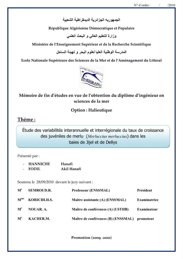 Etude des variabilités interannuelle et interrégionale du taux de croissance des juvéniles de merlu (merluccius merluccius) dans les baies de Jijel et de Dellys