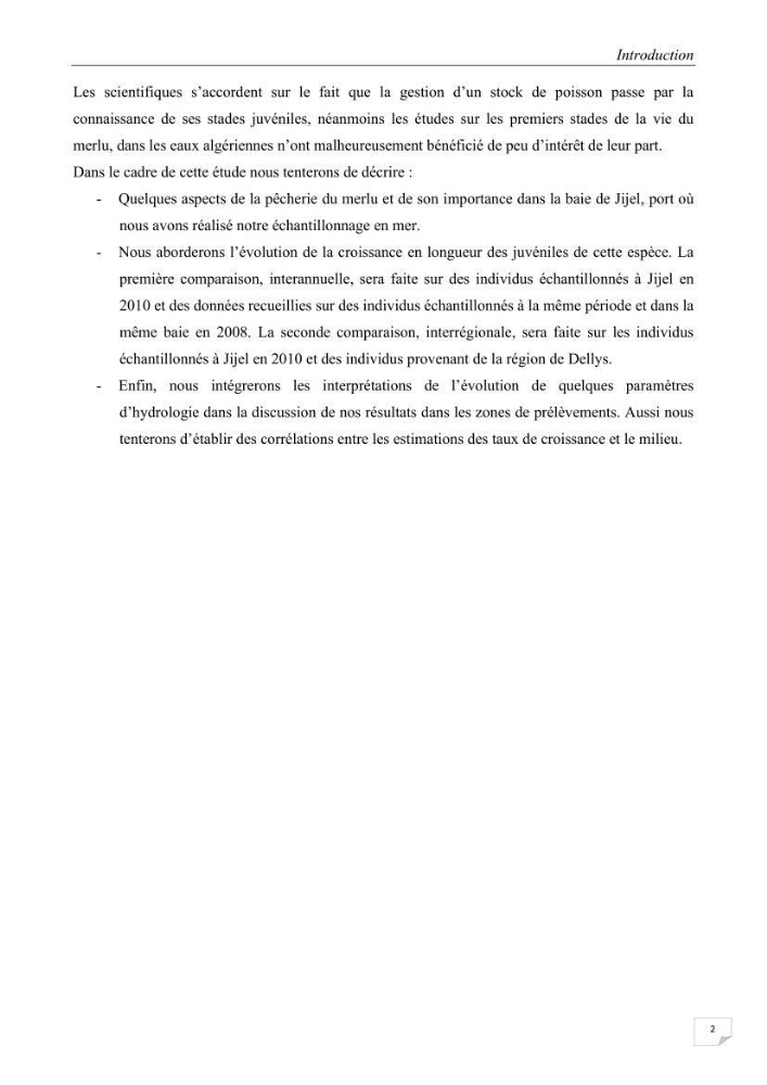 Etude des variabilités interannuelle et interrégionale du taux de croissance des juvéniles de merlu (merluccius merluccius) dans les baies de Jijel et de Dellys