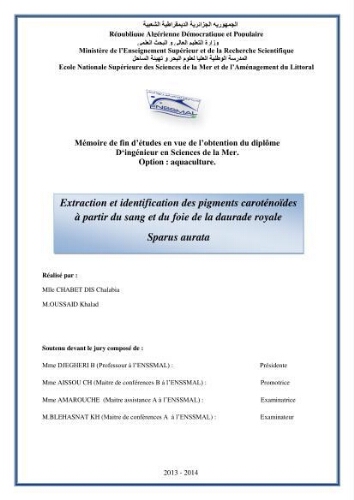 Extraction et identification des pigments caroténoïdes à partir du sang et du foie de la daurade royale Saprus aurata: Extraction et identification des pigments caroténoïdes à partir du sang et du foie de la daurade royale Saprus aurata: