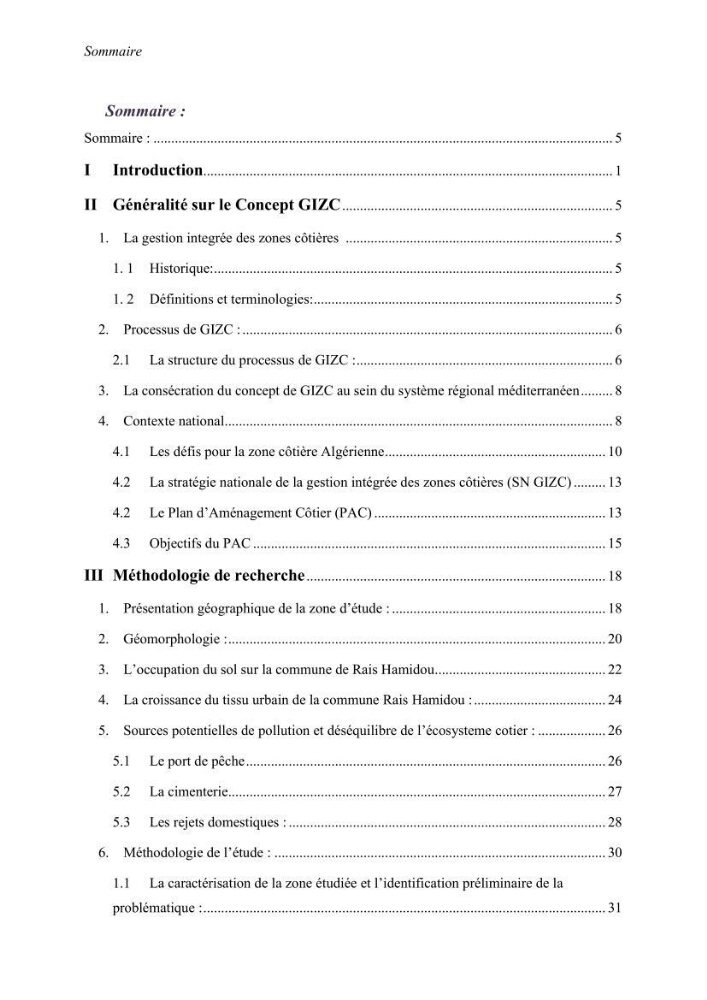 Mise en œuvre d’une gestion intégrée des zones côtières au niveau local: requis et proposition d\'un plan de gestion de la commune de Rais Hamidou