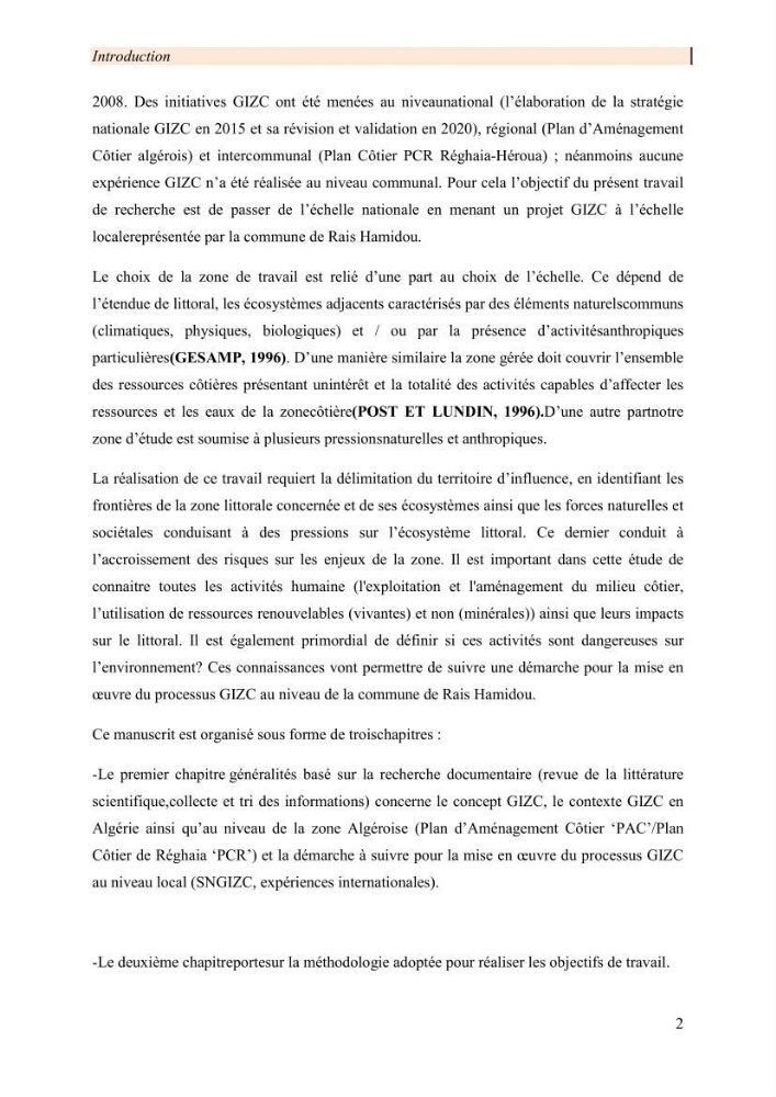 Mise en œuvre d’une gestion intégrée des zones côtières au niveau local: requis et proposition d\'un plan de gestion de la commune de Rais Hamidou