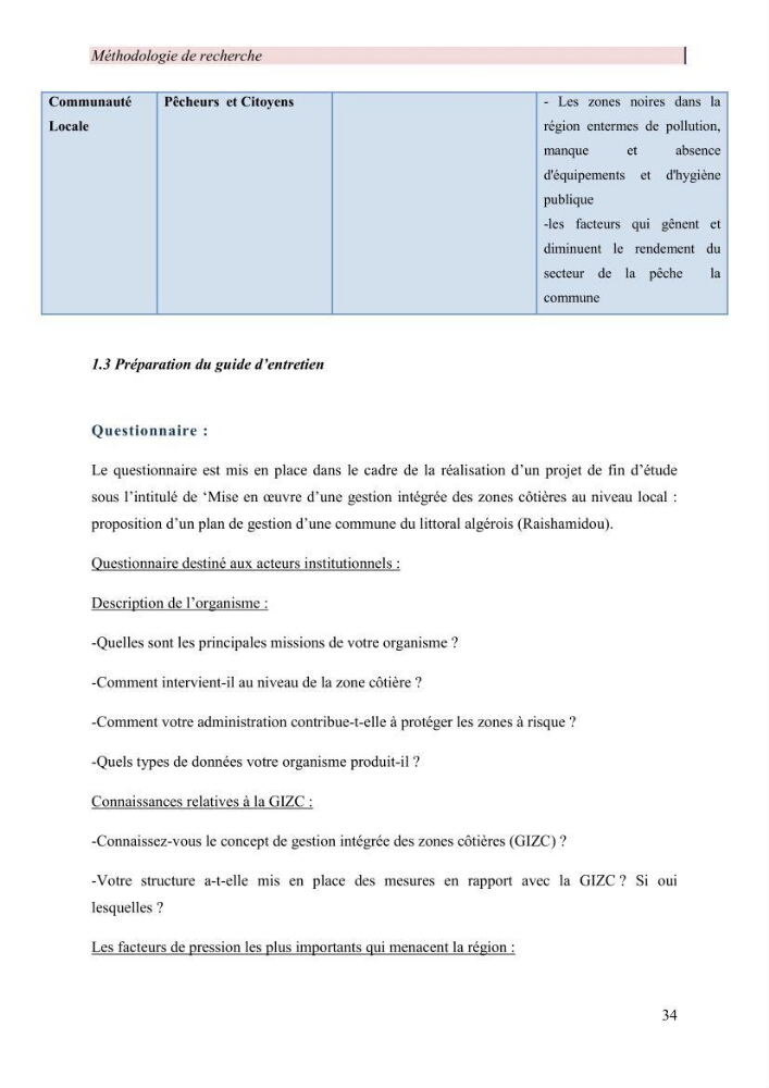 Mise en œuvre d’une gestion intégrée des zones côtières au niveau local: requis et proposition d\'un plan de gestion de la commune de Rais Hamidou