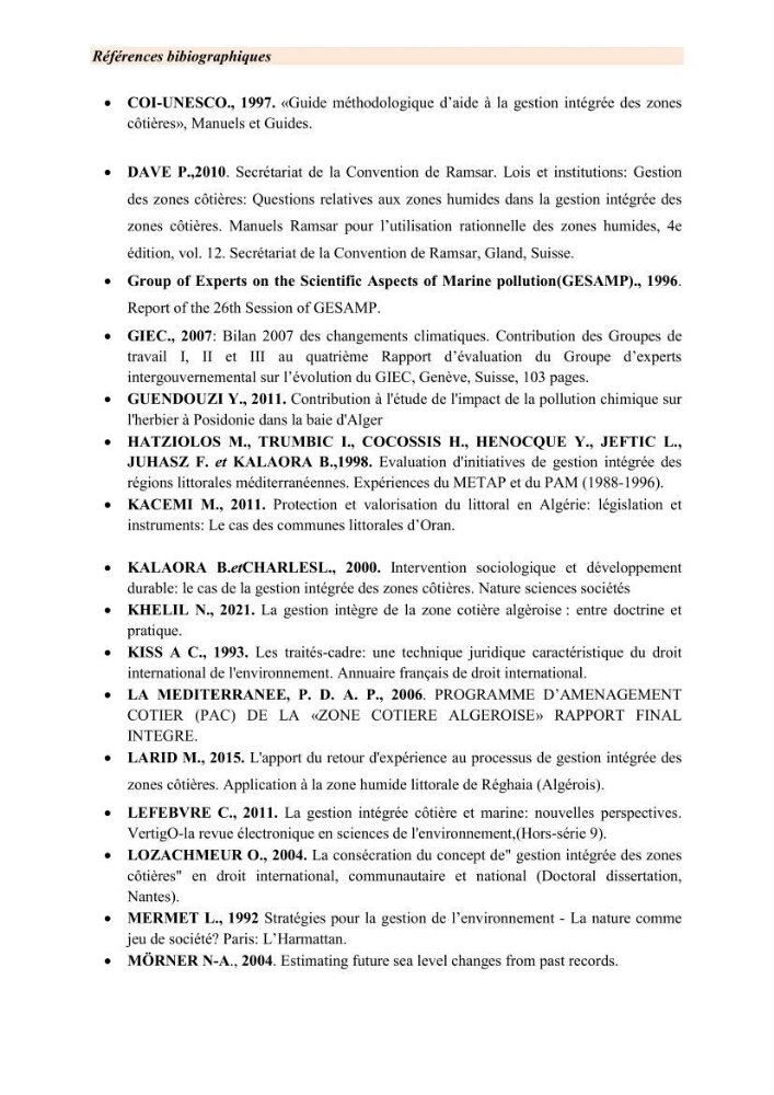 Mise en œuvre d’une gestion intégrée des zones côtières au niveau local: requis et proposition d\'un plan de gestion de la commune de Rais Hamidou
