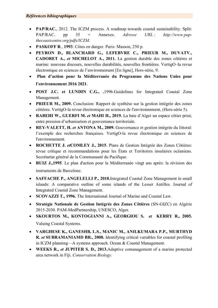 Mise en œuvre d’une gestion intégrée des zones côtières au niveau local: requis et proposition d\'un plan de gestion de la commune de Rais Hamidou