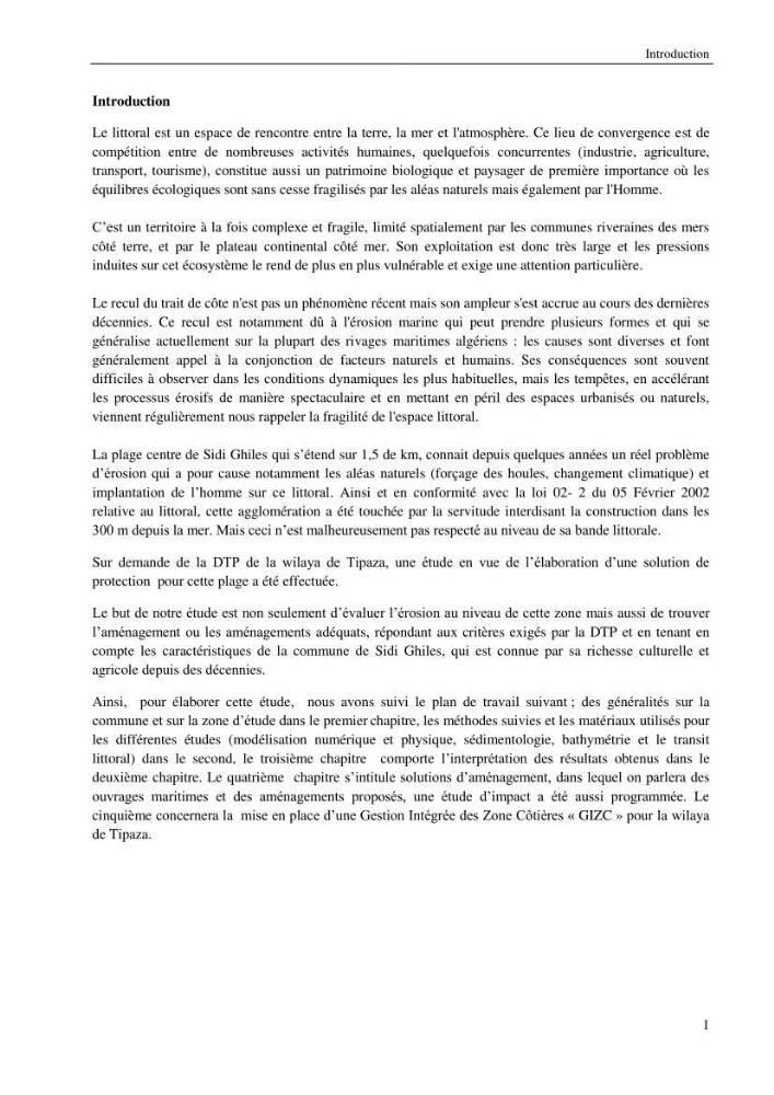 Etude d\'une solution de protection pour la plage centre de Sidi Ghiles (Cherchell)