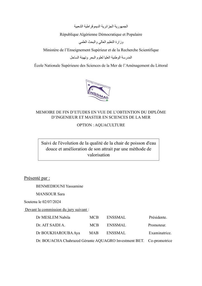 Suivi de l\'évolution de la qualité de la chair de poisson d\'eau douce et amélioration de son attrait par une méthode de valorisation