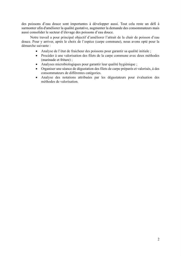 Suivi de l\'évolution de la qualité de la chair de poisson d\'eau douce et amélioration de son attrait par une méthode de valorisation