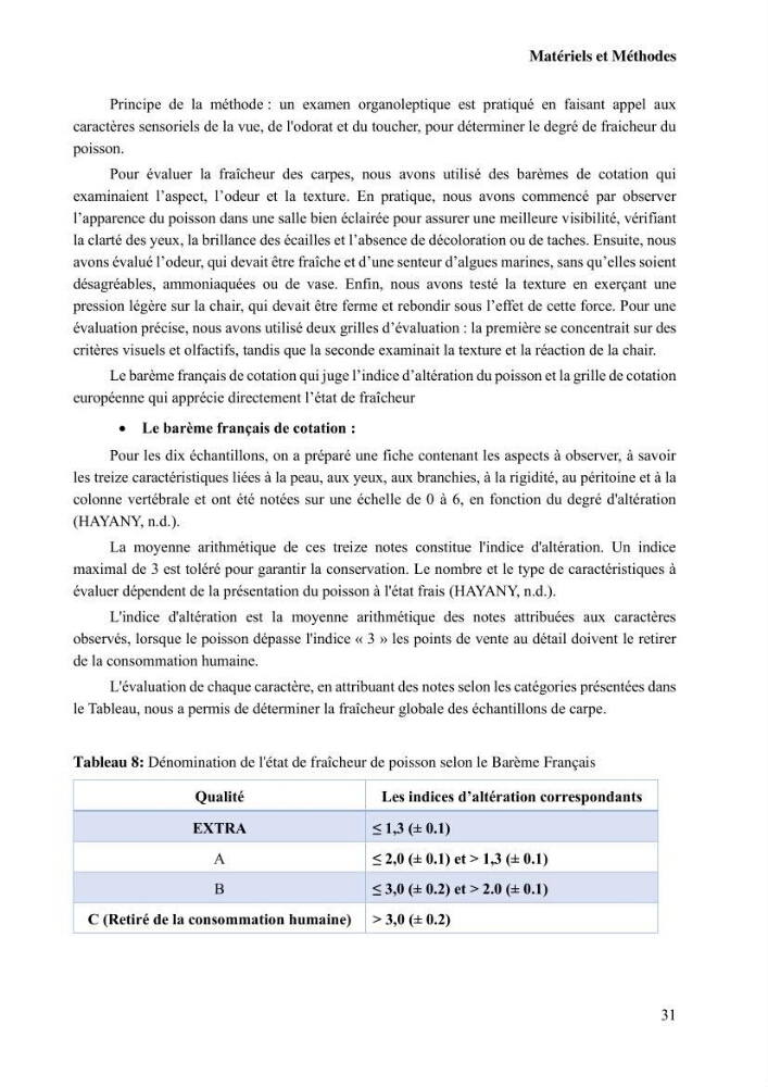 Suivi de l\'évolution de la qualité de la chair de poisson d\'eau douce et amélioration de son attrait par une méthode de valorisation