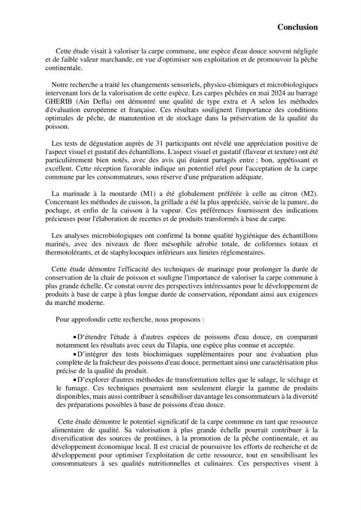 Suivi de l\'évolution de la qualité de la chair de poisson d\'eau douce et amélioration de son attrait par une méthode de valorisation