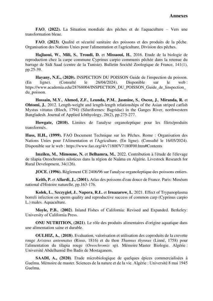 Suivi de l\'évolution de la qualité de la chair de poisson d\'eau douce et amélioration de son attrait par une méthode de valorisation