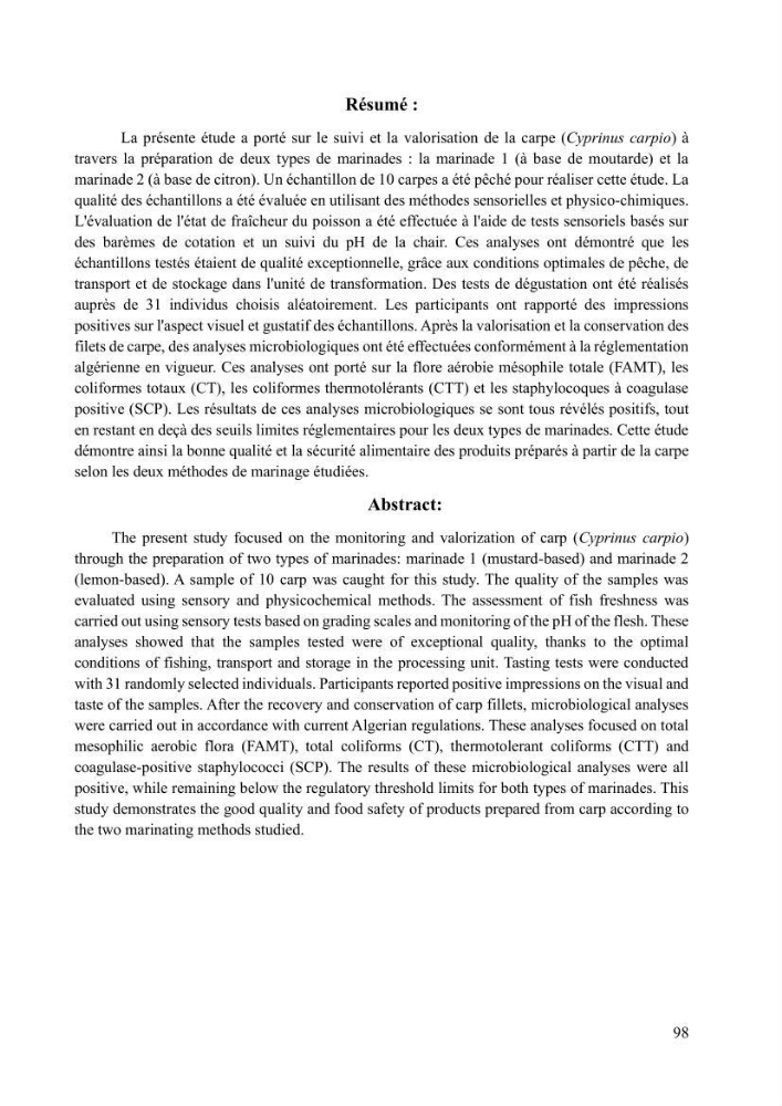 Suivi de l\'évolution de la qualité de la chair de poisson d\'eau douce et amélioration de son attrait par une méthode de valorisation