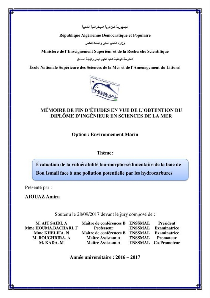 Evaluation de la vulnérabilité bio-morphosédimentaire de la baie de Bou-Ismail face à une pollution potentielle par les hydrocarbures