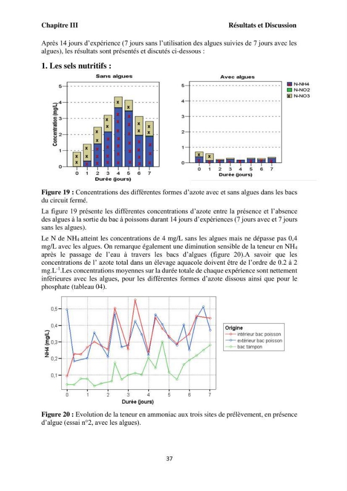 Test d\'utilisation de la macroalgue ulve (Ulva sp.) comme unique filtre biologique dans un circuit fermé d\'élevage de poissons mulets( Liza ramada):
