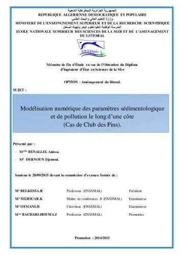 Modélisation numérique des paramètres sédimentologique et de pollution le long d'une côte: cas de club des pins Modélisation numérique des paramètres sédimentologique et de pollution le long d'une côte: cas de club des pins