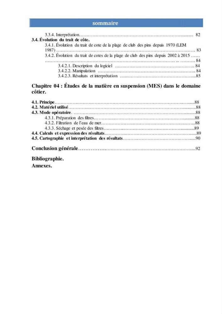 Modélisation numérique des paramètres sédimentologique et de pollution le long d\'une côte: cas de club des pins