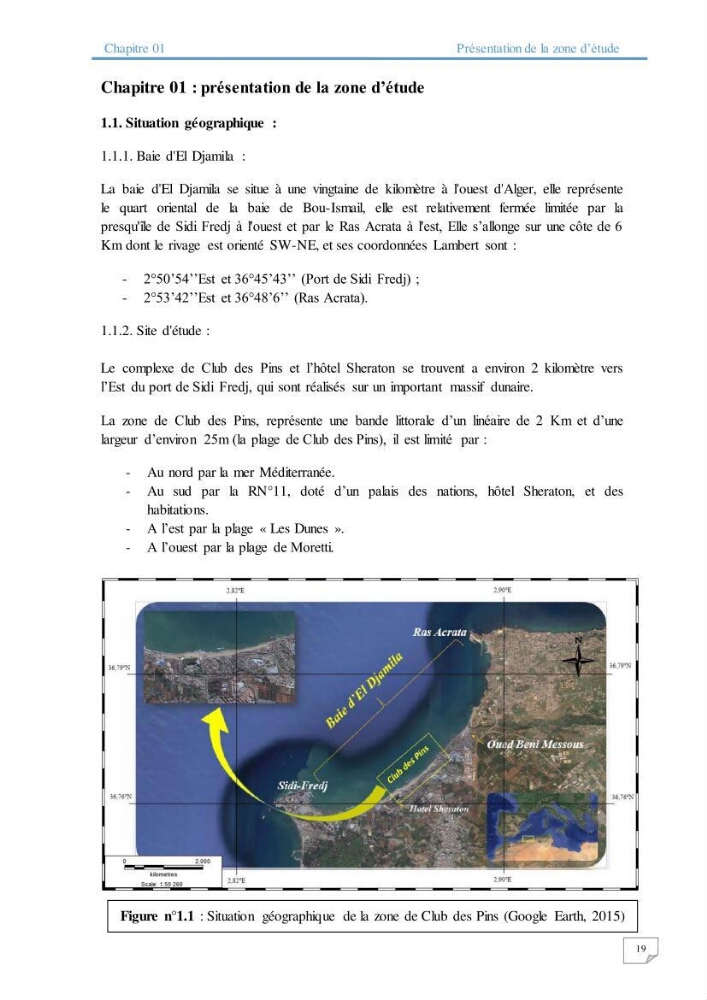 Modélisation numérique des paramètres sédimentologique et de pollution le long d\'une côte: cas de club des pins
