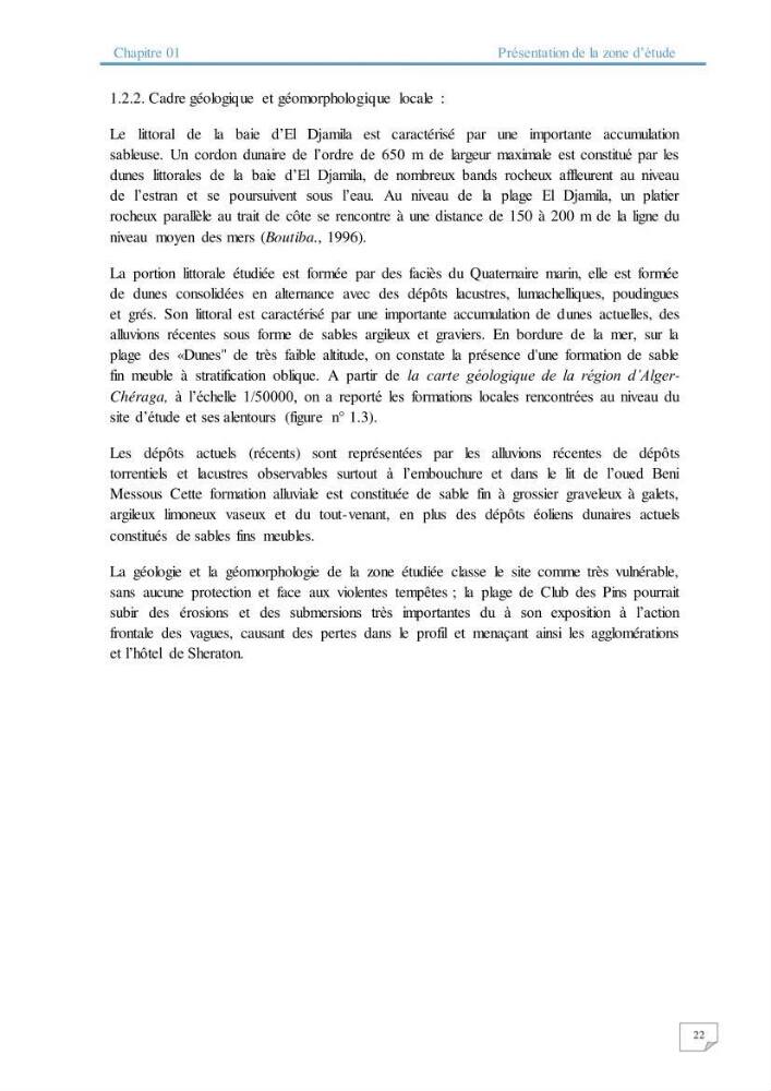 Modélisation numérique des paramètres sédimentologique et de pollution le long d\'une côte: cas de club des pins